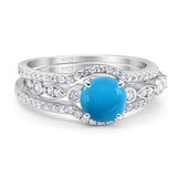 Three Piece Round Genuine Natural Arizona Sleeping Beauty Turquoise Wedding Set Ring 925 Sterling Silver