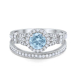 Art Deco Round Natural Aquamarine Promise Two-Piece Ring 925 Sterling Silver