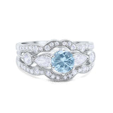 Three Piece Round Natural Aquamarine Cocktail Ring 925 Sterling Silver