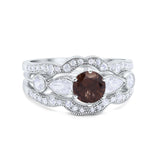 Three Piece Round Natural Chocolate Smoky Quartz Cocktail Ring 925 Sterling Silver