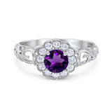 Art Deco Round Natural Amethyst Flower Ring 925 Sterling Silver