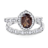 Two Piece Oval Natural Chocolate Smoky Quartz Wedding Set Ring 925 Sterling Silver