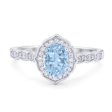 Art Deco Ring Oval Natural Aquamarine Floral Ring 925 Sterling Silver