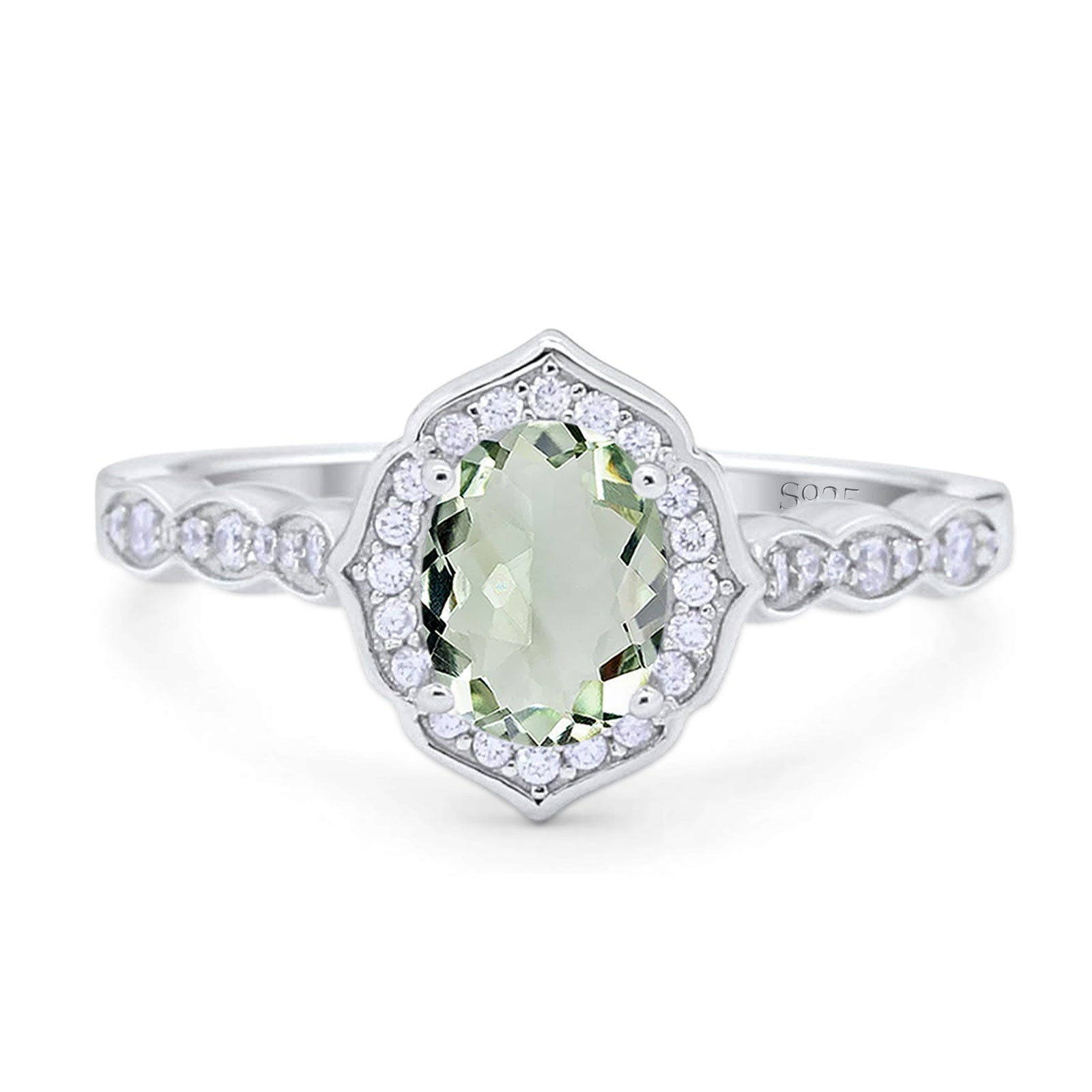 Art Deco Ring Oval Natural Green Amethyst Prasiolite Floral Ring
