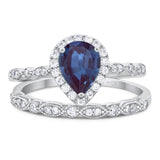 Two Piece Pear Teardrop Lab Alexandrite Halo Bridal Ring 925 Sterling Silver