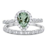 Two Piece Pear Teardrop Natural Green Amethyst Prasiolite Halo Bridal Ring 925 Sterling Silver