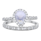 Two Piece Pear Teardrop Natural Moonstone Halo Bridal Ring 925 Sterling Silver