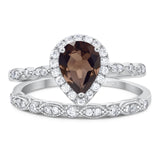 Two Piece Pear Teardrop Natural Chocolate Smoky Quartz Halo Bridal Ring 925 Sterling Silver