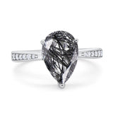 Pear Teardrop Natural Rutilated Quartz Solitaire Tapered Ring 925 Sterling Silver