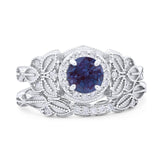 Two Piece Round Lab Alexandrite Leaf Design Ring 925 Sterling Silver
