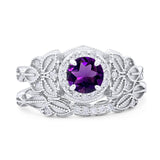 Two Piece Round Natural Amethyst Leaf Design Ring 925 Sterling Silver