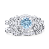 Two Piece Round Natural Aquamarine Leaf Design Ring 925 Sterling Silver