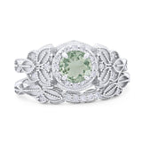 Two Piece Round Natural Green Amethyst Prasiolite Leaf Design Ring 925 Sterling Silver