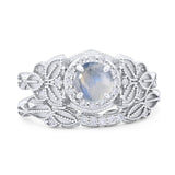 Two Piece Round Natural Moonstone Leaf Design Ring 925 Sterling Silver