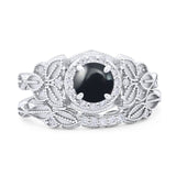 Two Piece Round Natural Black Onyx Leaf Design Ring 925 Sterling Silver
