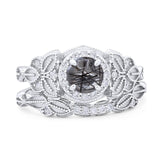 Two Piece Round Natural Rutilated Quartz Leaf Design Ring 925 Sterling Silver