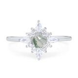 Round Natural Green Moss Agate Floral Ring Marquise CZ 925 Sterling Silver