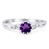 Art Deco Round Natural Amethyst Leaf Style Solitaire Ring 925 Sterling Silver