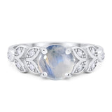 Floral Round Natural Moonstone Leaf Design Ring 925 Sterling Silver
