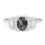 Three Stone Oval Natural Rutilated Quartz Trellis Ring 925 Sterling Silver