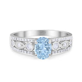 Vintage Style Oval Natural Aquamarine Art Deco Ring 925 Sterling Silver