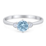 Three Stone Round Natural Aquamarine Art Deco Ring 925 Sterling Silver