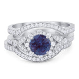 Three Piece Round Lab Alexandrite Leaf Style Bridal Ring 925 Sterling Silver
