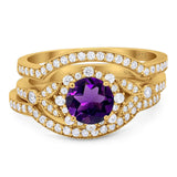 Three Piece Round Natural Stone Leaf Style Ring