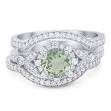 Three Piece Round Natural Green Amethyst Prasiolite Leaf Style Bridal Ring 925 Sterling Silver