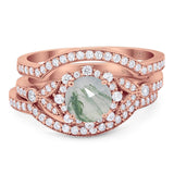 Three Piece Round Natural Stone Leaf Style Ring