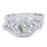 Three Piece Round Natural Green Moss Agate Leaf Style Bridal Ring 925 Sterling Silver