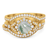 Three Piece Round Natural Stone Leaf Style Ring