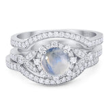 Three Piece Round Natural Moonstone Leaf Style Bridal Ring 925 Sterling Silver