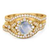 Three Piece Round Natural Stone Leaf Style Ring