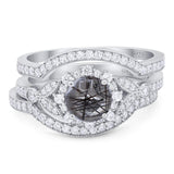 Three Piece Round Natural Rutilated Quartz Leaf Style Bridal Ring 925 Sterling Silver