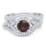 Three Piece Round Natural Chocolate Smoky Quartz Leaf Style Bridal Ring 925 Sterling Silver