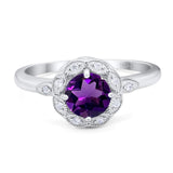 Art Deco Ring Round Natural Amethyst Flower Ring 925 Sterling Silver