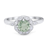 Art Deco Ring Round Natural Green Amethyst Prasiolite Flower Ring 925 Sterling Silver