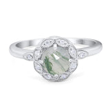 Art Deco Ring Round Natural Green Moss Agate Flower Ring 925 Sterling Silver