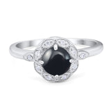 Art Deco Ring Round Natural Black Onyx Flower Ring 925 Sterling Silver