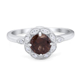 Art Deco Ring Round Natural Chocolate Smoky Quartz Flower Ring 925 Sterling Silver