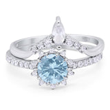 Art Deco Two Piece Round Natural Aquamarine Bridal Set Chevron Ring 925 Sterling Silver