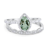 Two Piece Pear Teardrop Natural Green Amethyst Prasiolite Bridal Ring 925 Sterling Silver