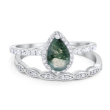 Two Piece Pear Teardrop Natural Green Moss Agate Bridal Ring 925 Sterling Silver
