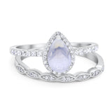 Two Piece Pear Teardrop Natural Moonstone Bridal Ring 925 Sterling Silver