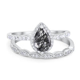Two Piece Pear Teardrop Natural Rutilated Quartz Bridal Ring 925 Sterling Silver