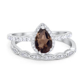 Two Piece Pear Teardrop Natural Chocolate Smoky Quartz Bridal Ring 925 Sterling Silver