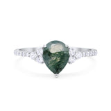 Pear Teardrop Natural Green Moss Agate Cluster Wedding Ring 925 Sterling Silver