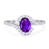 Oval Natural Amethyst Curved Art Deco Ring 925 Sterling Silver
