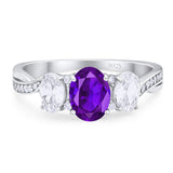 Three Stone Oval Natural Amethyst Art Deco Ring 925 Sterling Silver